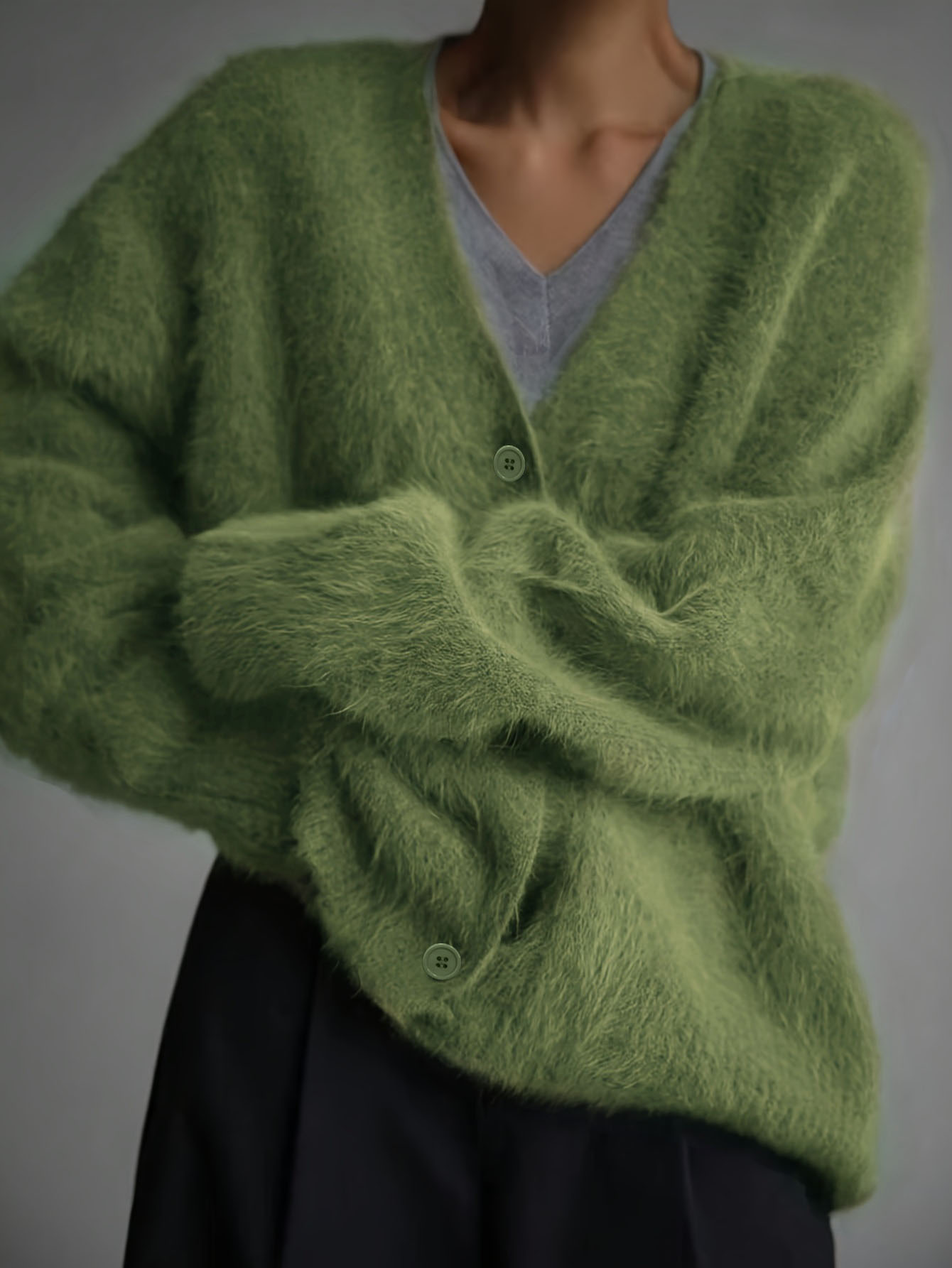 Women's Fuzzy Knit Cardigan Loose Slouchy V-Neck Green