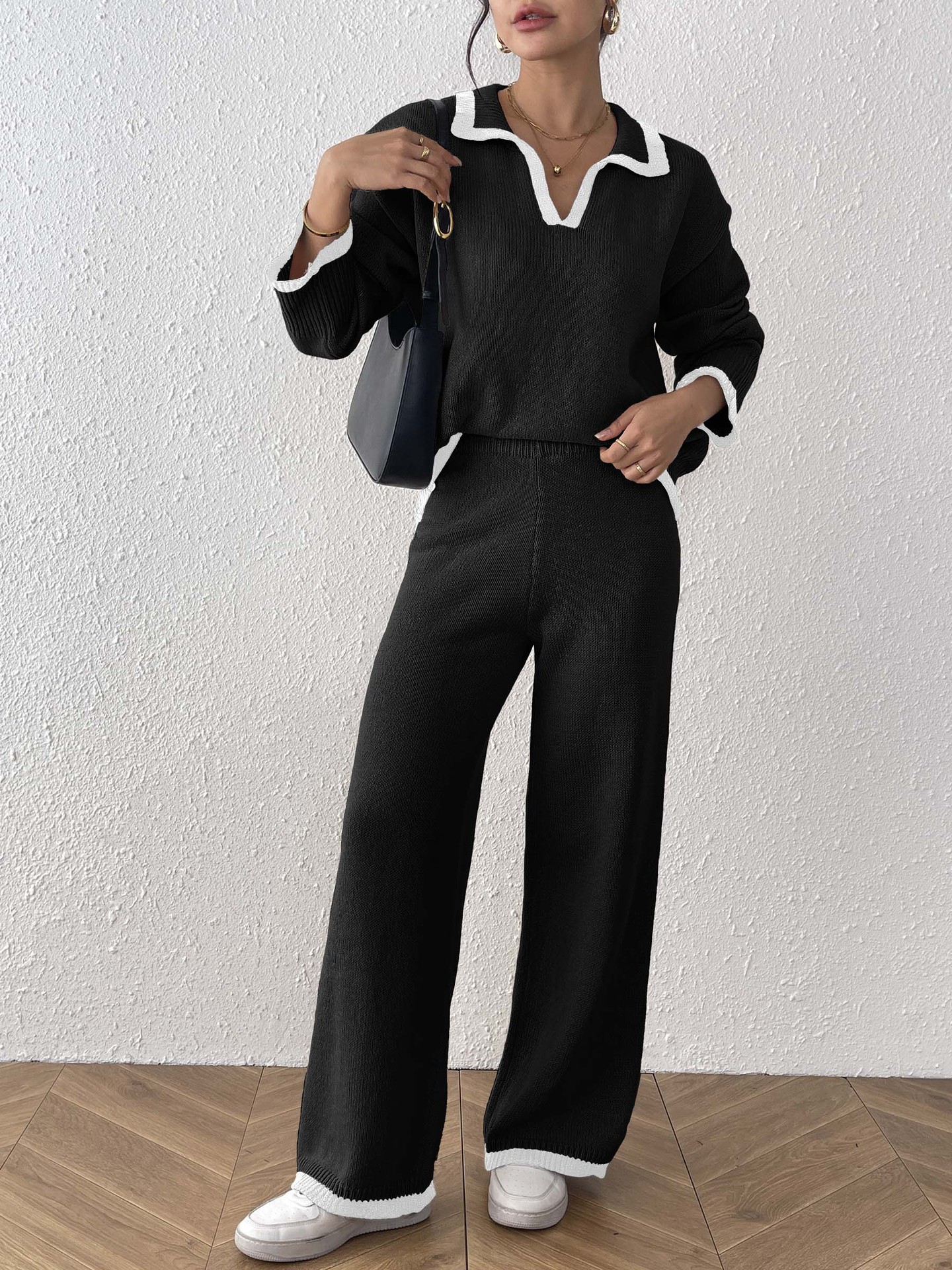 Women's Colorblock Polo Neck Sweater and Wide-Leg Pants Two-Piece Set