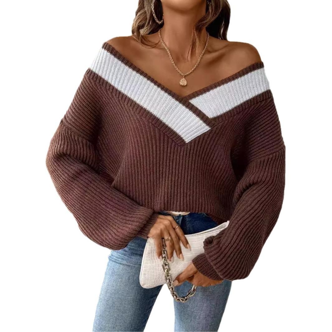 Color-Block V-Neck Loose Knit Pullover Sweater