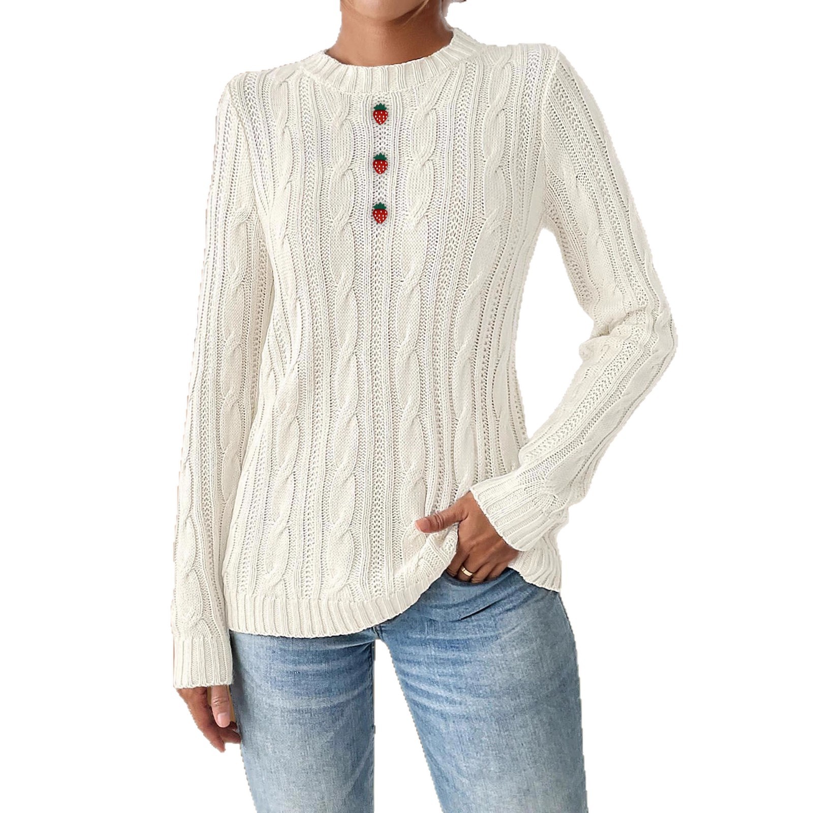 Women's Strawberry Button Crewneck Pullover Knit Sweater
