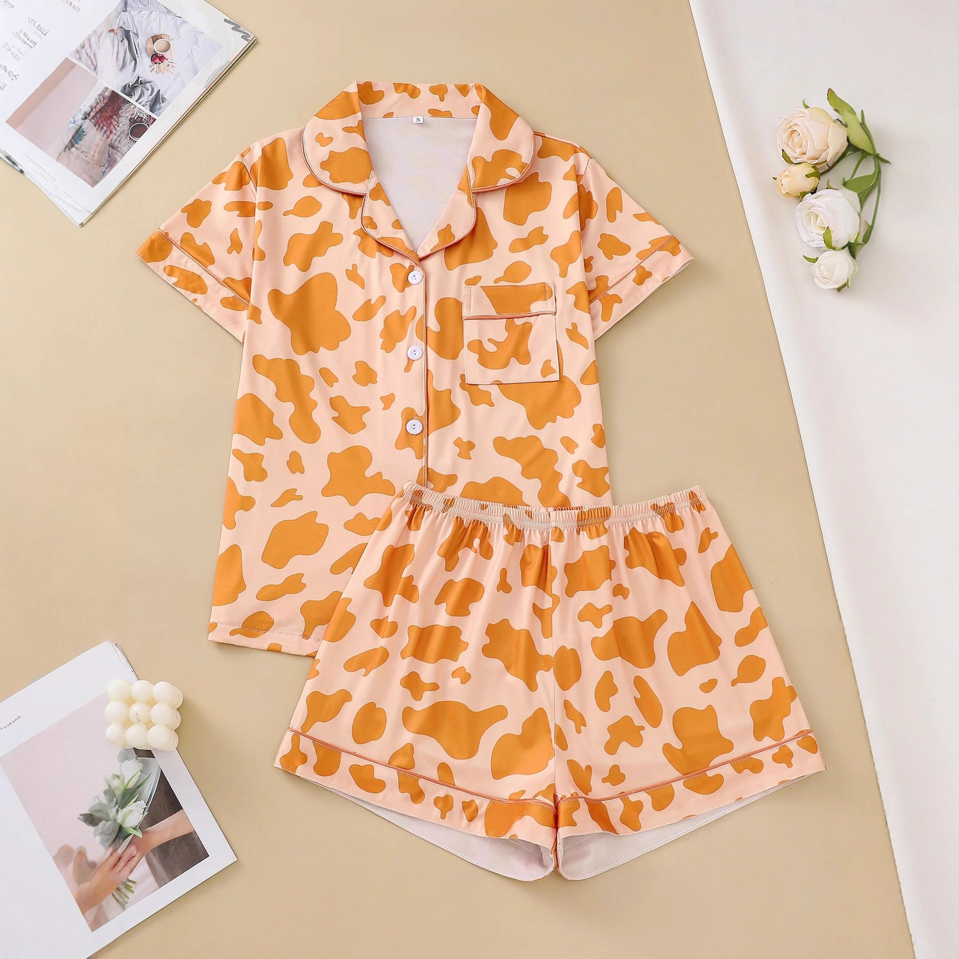 Women's Cuban Collar Polka Dot Short Sleeve Shirt Set Casual Loungewear