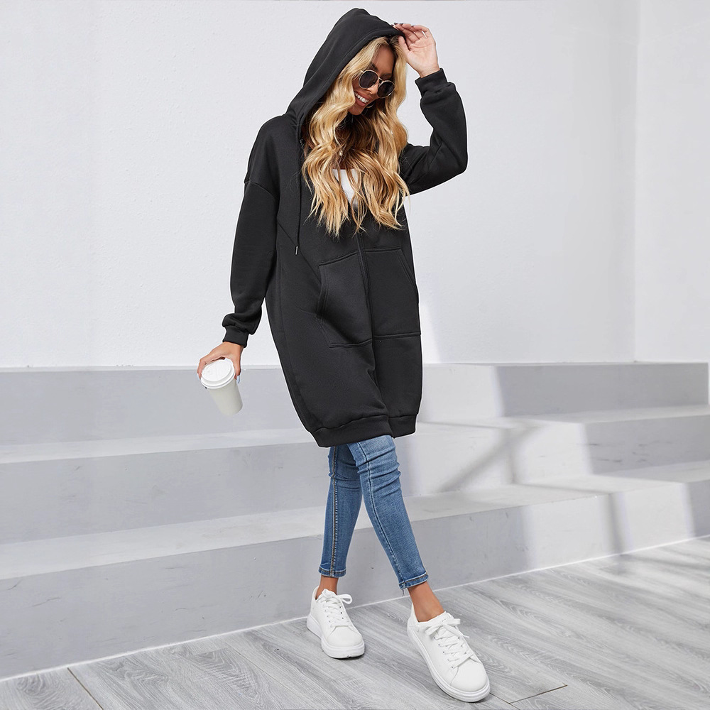 Women's Zip-Up Hooded Cardigan Sweatshirt Jacket with Pockets, Mid-Long Loose Fit