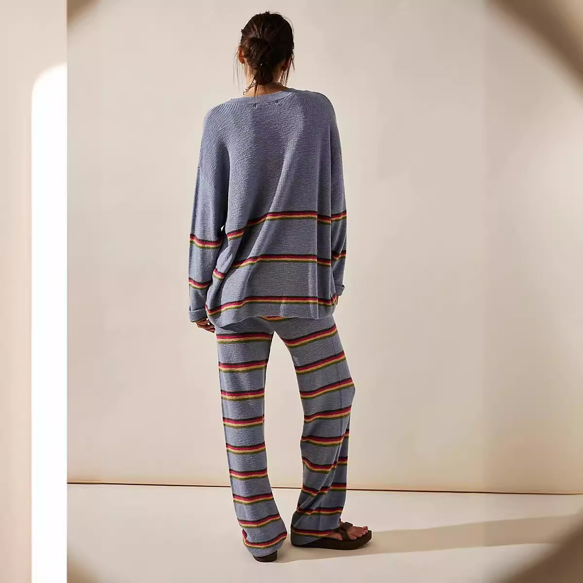 Women's Striped Sweater and Pants Set Crew Neck Long Sleeve Relaxed Fit