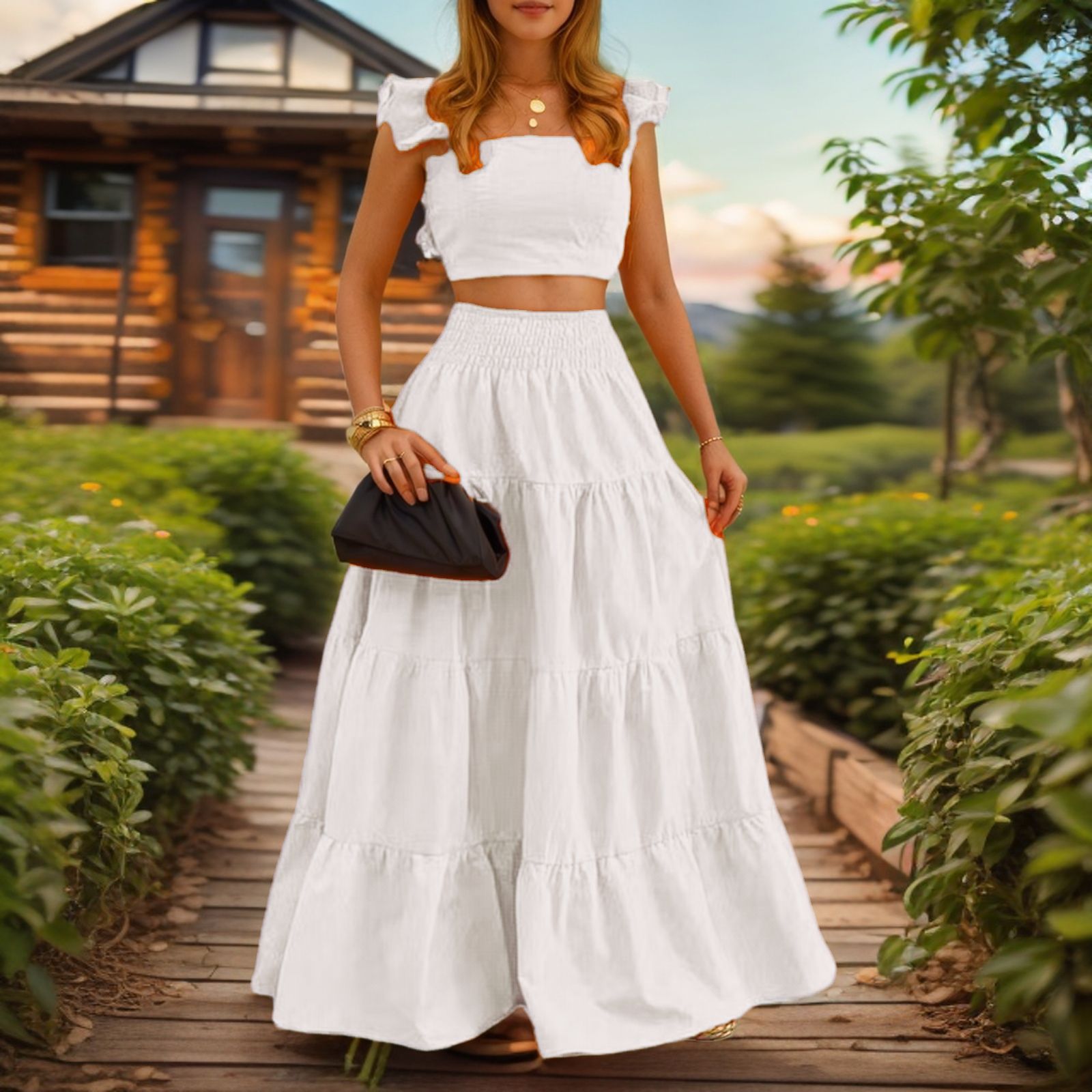 Women's Short Sleeve Top and Solid Midi Skirt Two-Piece Set