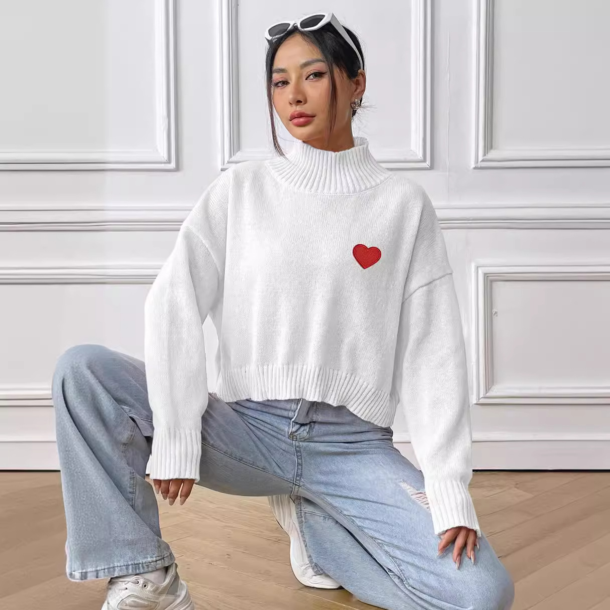 Women's Cropped Turtleneck Sweater with Heart Patch