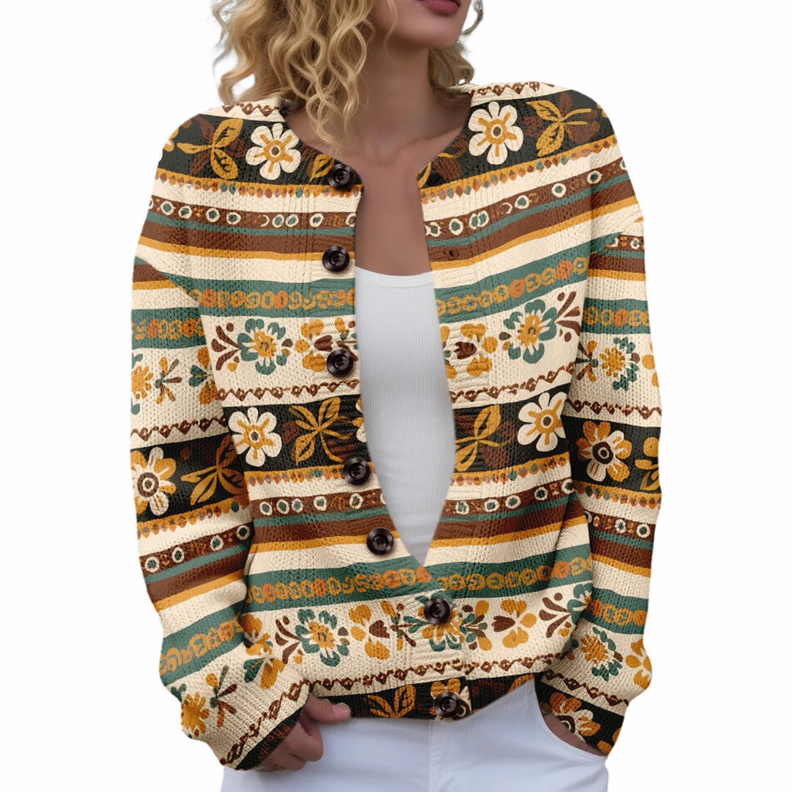 Women's Floral Maple Leaf Print Button Cardigan
