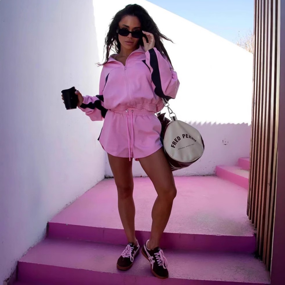 Color-Block Long-Sleeve Zip Cardigan & Tie Shorts 2-Piece Set