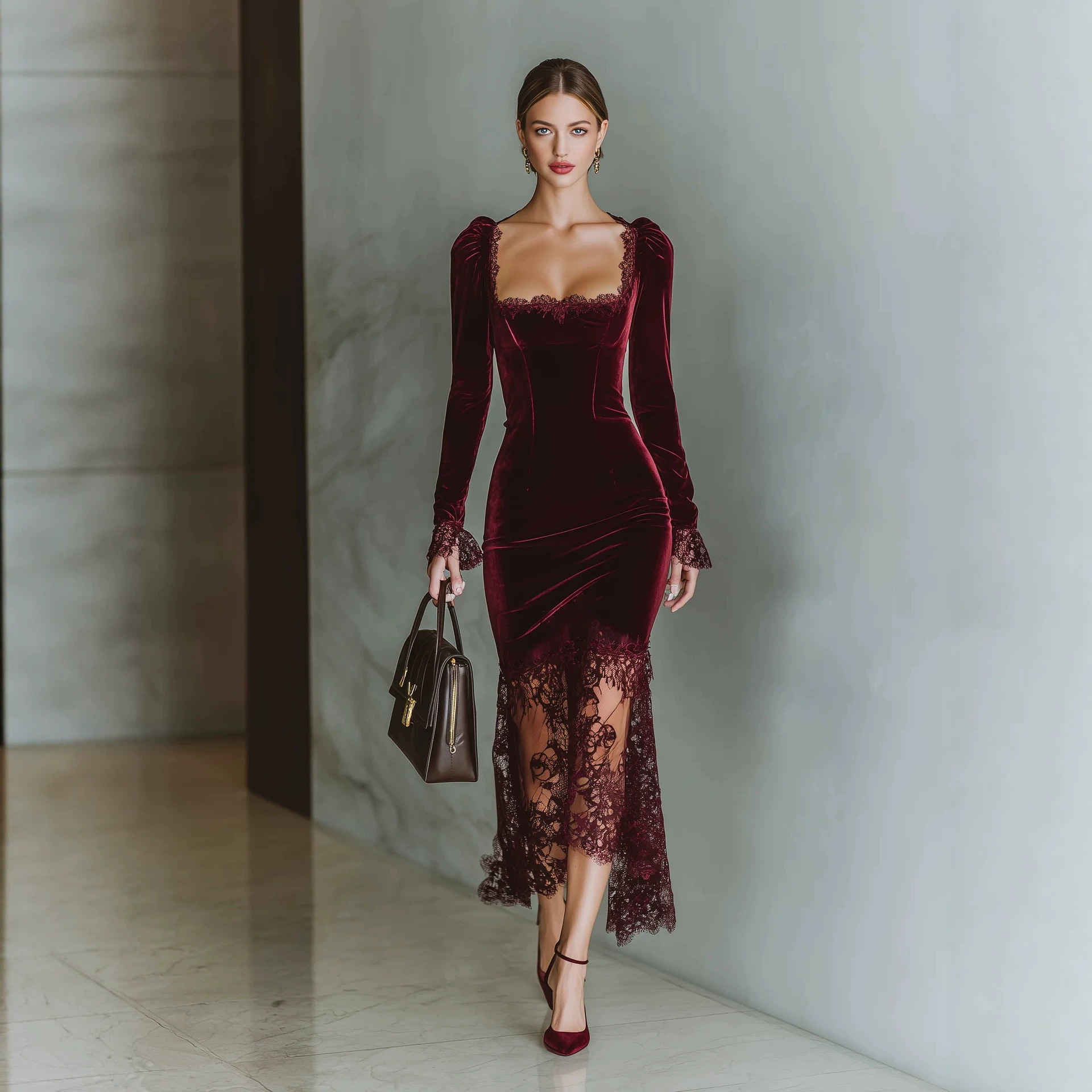 French Lace Panel Bodycon Midi Dress Square Neck Long Sleeve