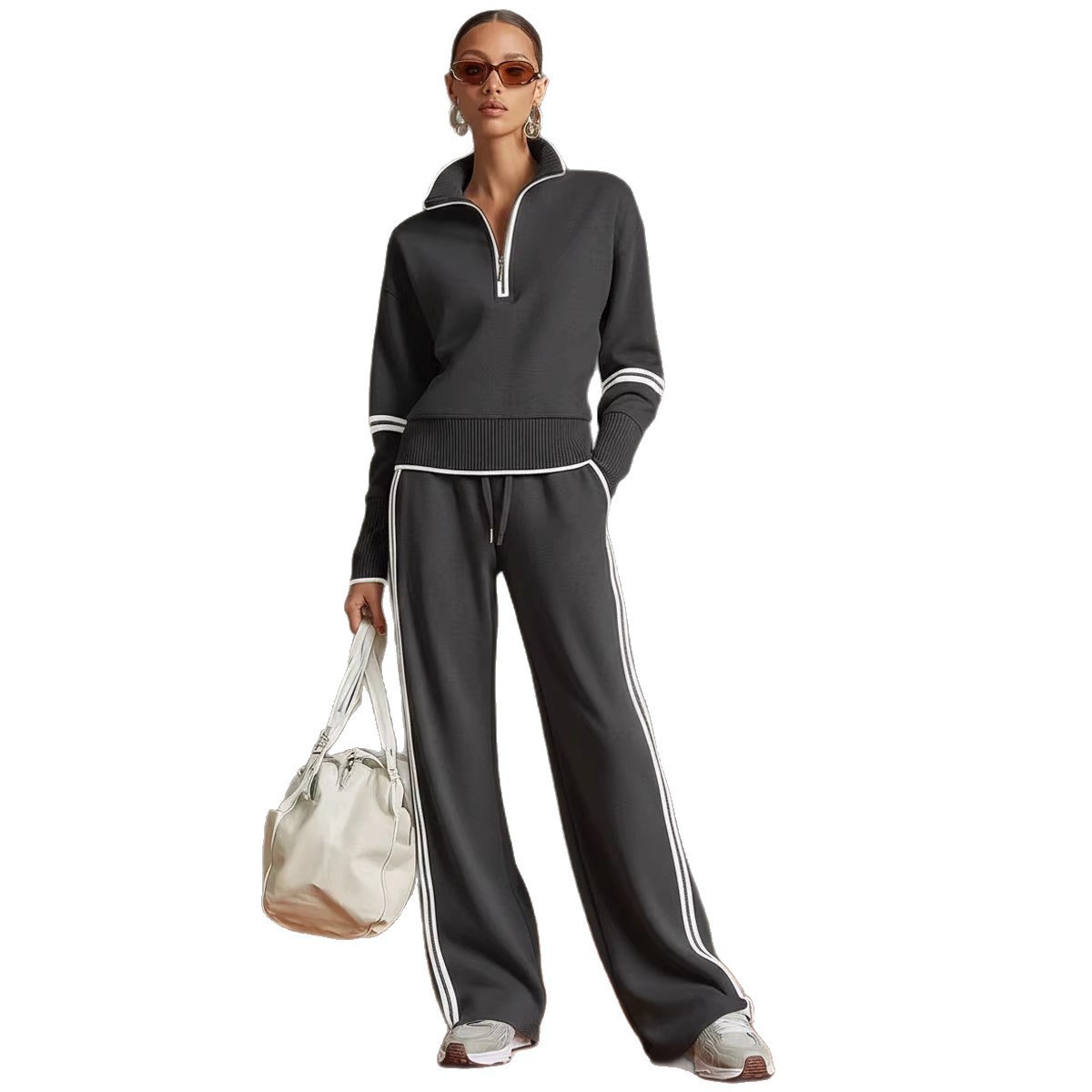Amazon 2026 New Cross-Border Casual Sportswear Set European American Style Color-Block Stand Collar Hoodie Wide-Leg Pants Two-Piece Set