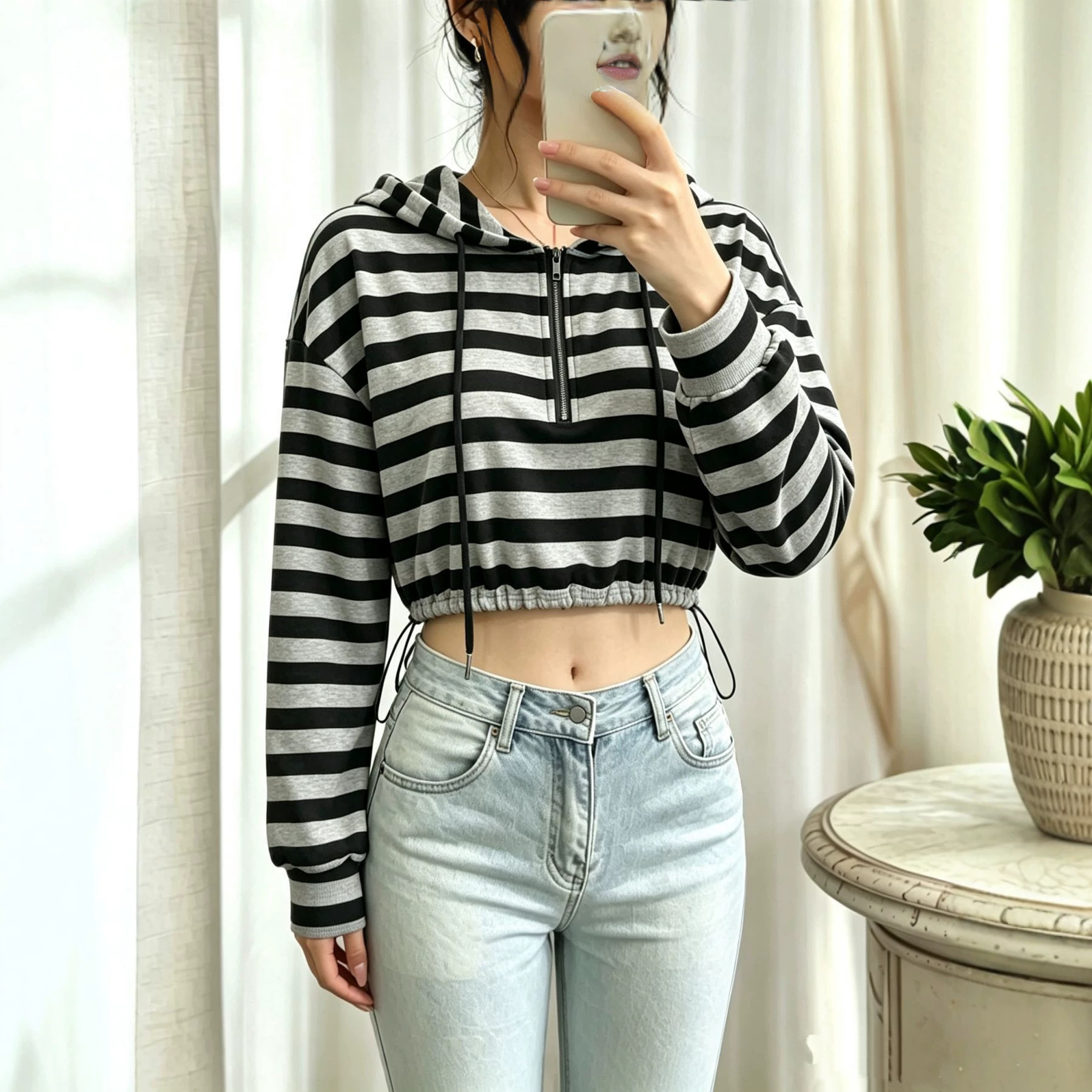Half-Zip Hooded Drawstring Sweatshirt Zebra Print Cropped Fit