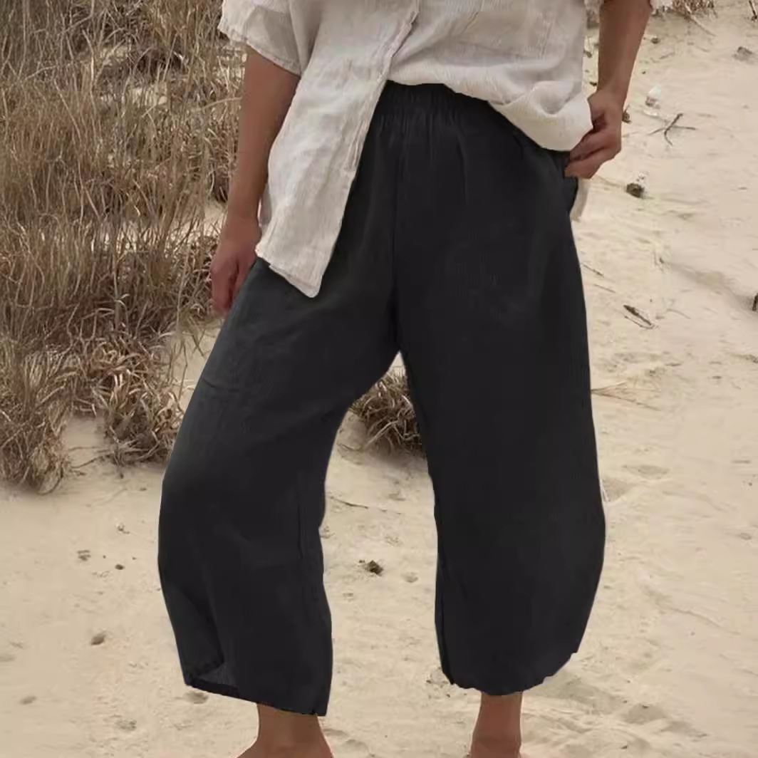 Linen-Blend High-Waist Straight-Leg Capri Pants with Pockets