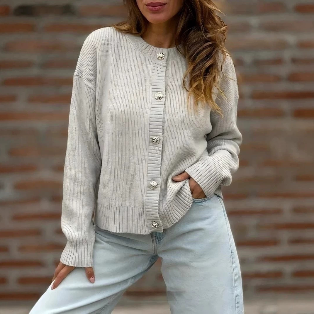 Women's Solid Button-Front Long-Sleeve Cardigan Sweater
