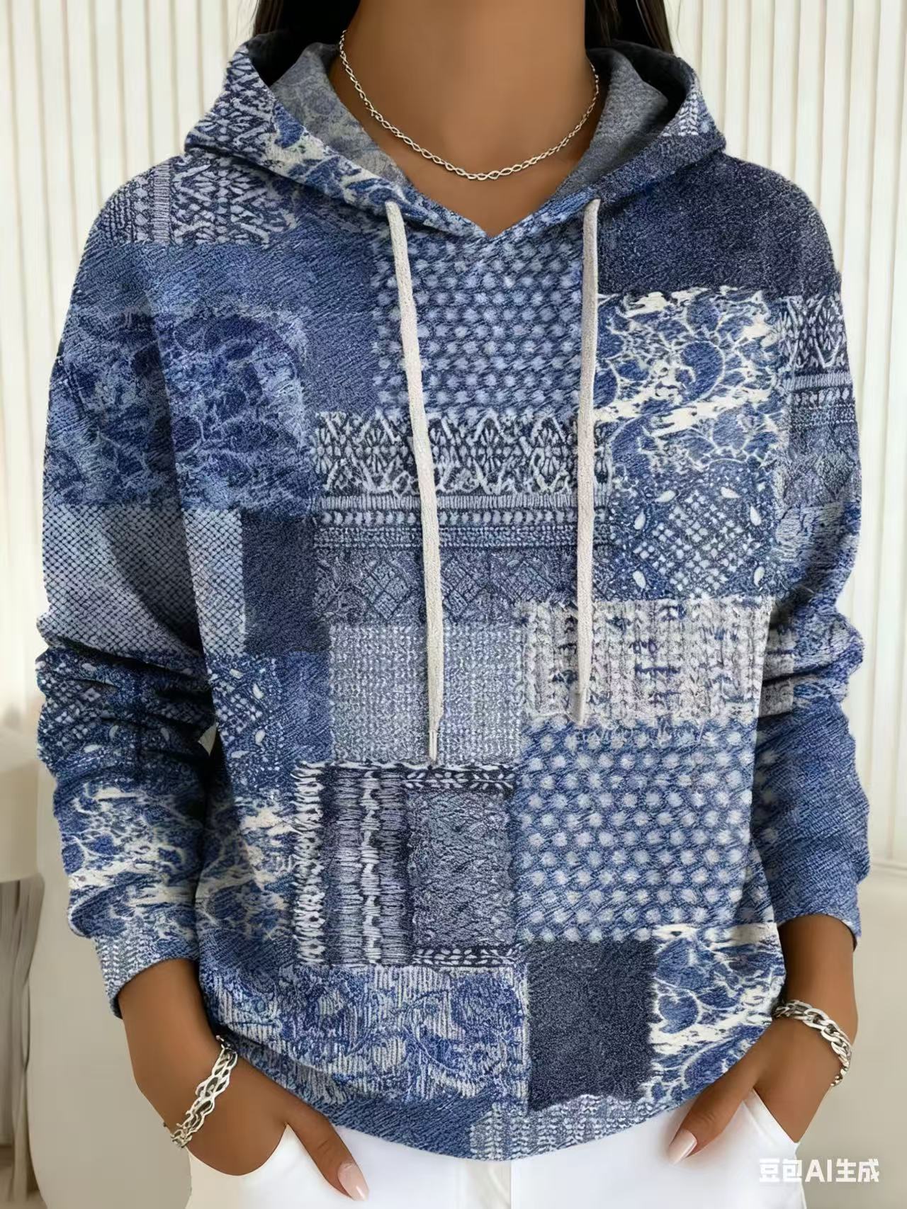 Women's Blue and White Porcelain Plaid Floral Print Hoodie Casual Pullover