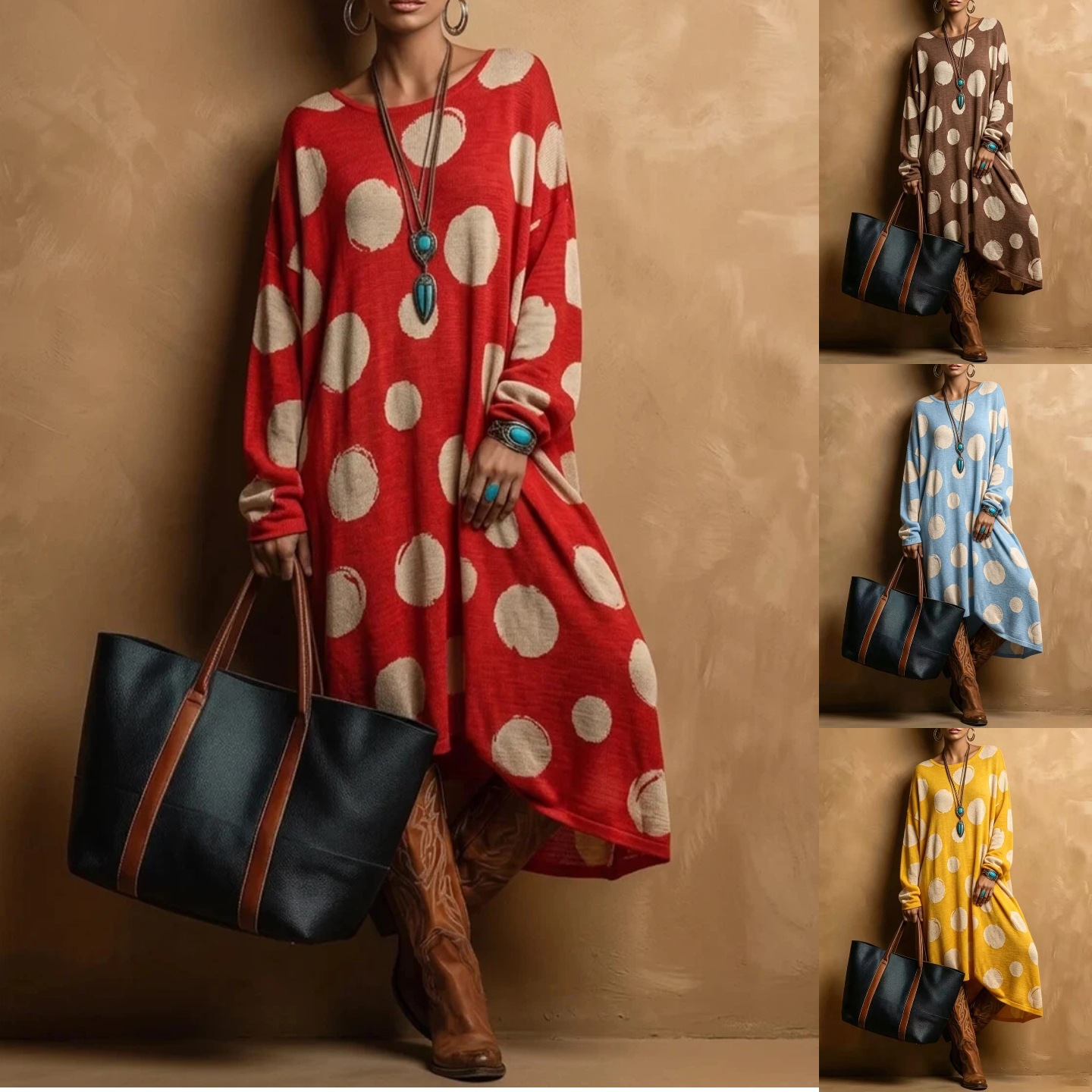 Retro American Polka Dot Print Loose A-Line Long Sleeve Round Neck Dress