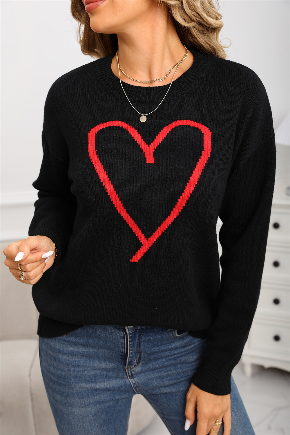 Women's Heart Jacquard Pullover Sweater Crew Neck Long Sleeve