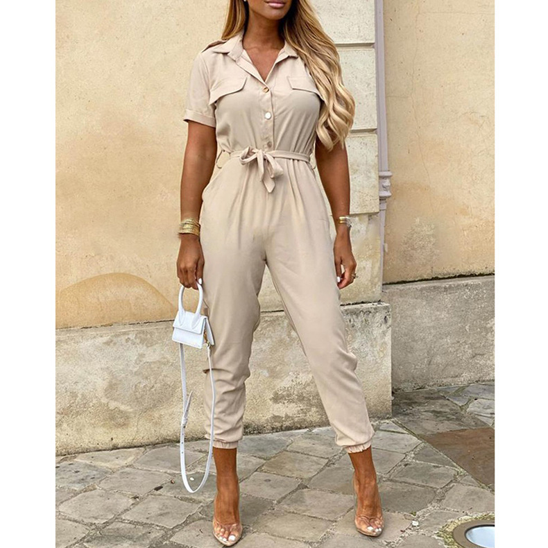 Women's Short Sleeve Button-Front Printed Cargo Jumpsuit