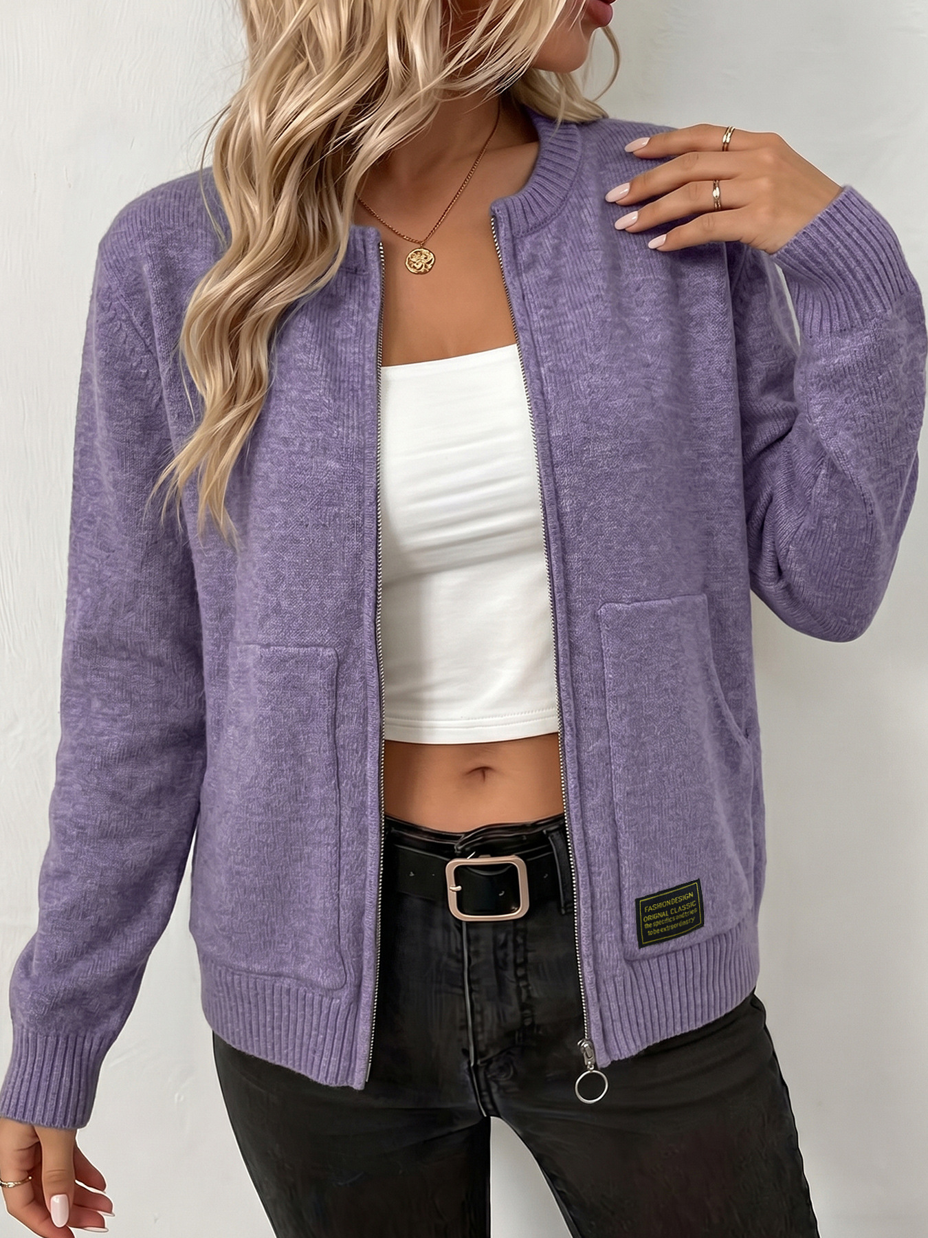 Women's Solid Zip-Up Knit Cardigan with Ribbed Crew Neck and Dual Pockets