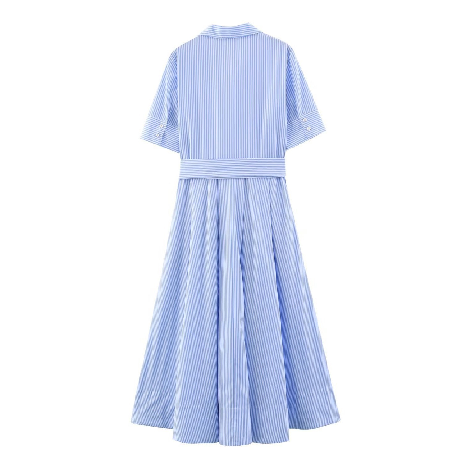 Women's Poplin Shirt Dress with Blue Stripes, Short Sleeve, High Waist A-Line