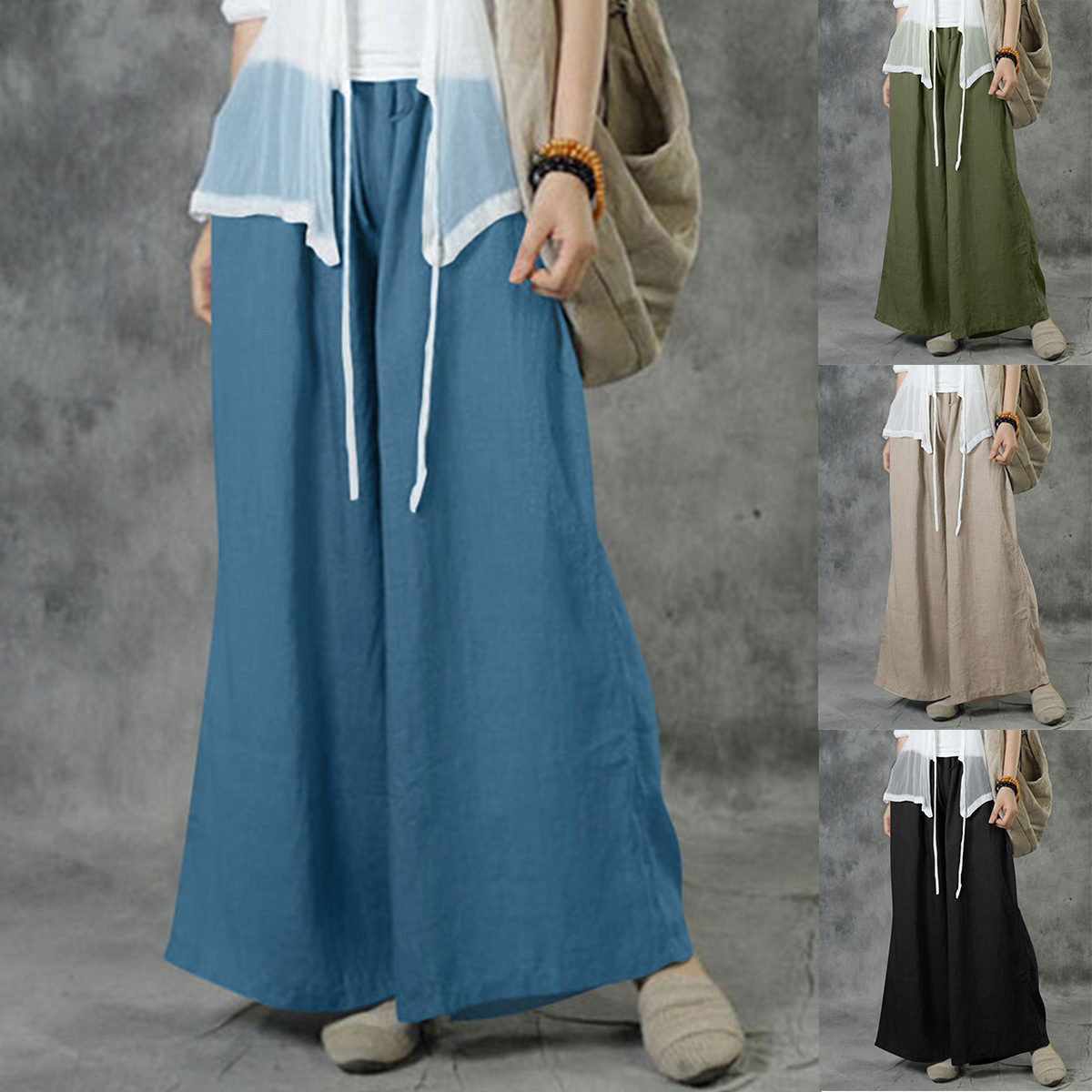 Cotton-Linen Wide-Leg Casual Pants for Women Solid Color Loose Fit