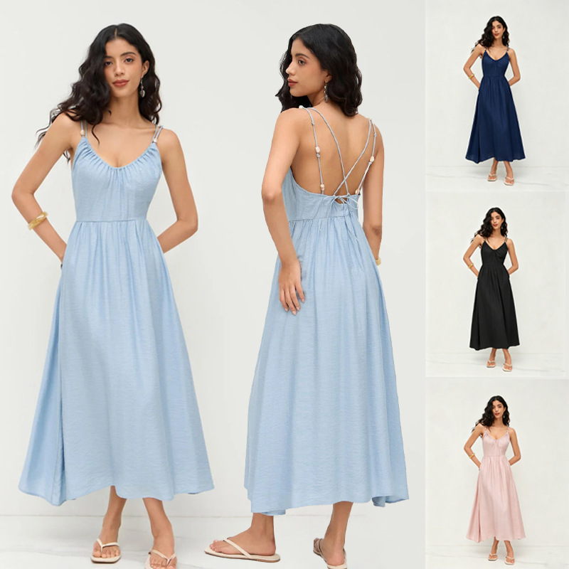 Women's Open Back V-Neck Maxi Dress Sleeveless High Waist Flowy Summer Casual
