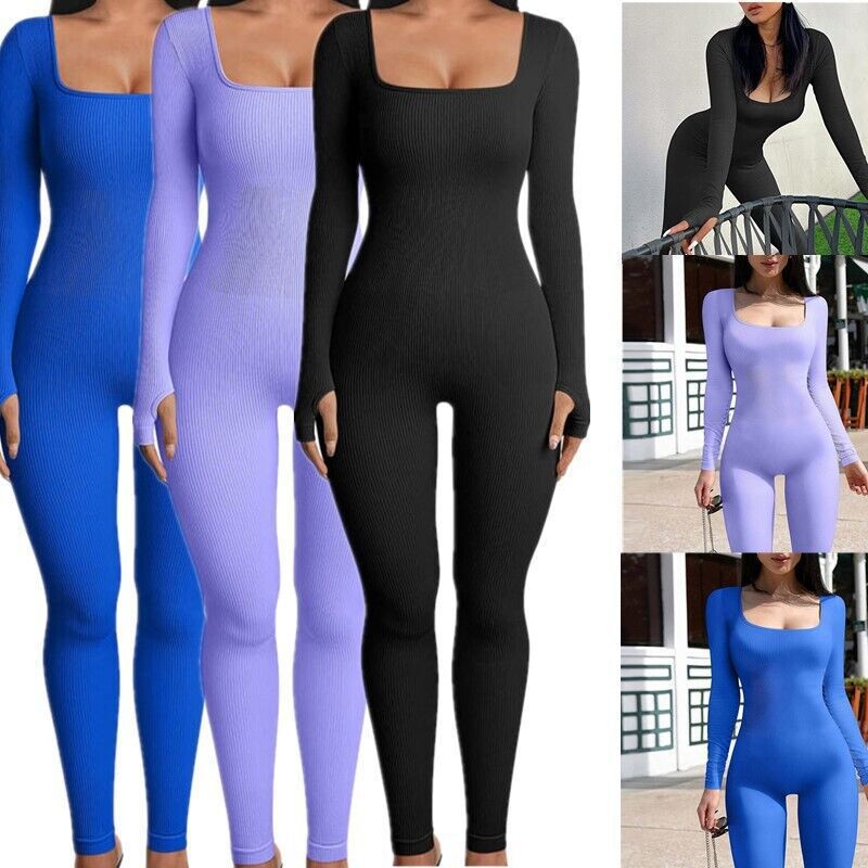 Women's Ribbed Square Neck Bodysuit Jumpsuit Slimming Butt-Lifting Yoga Onesie