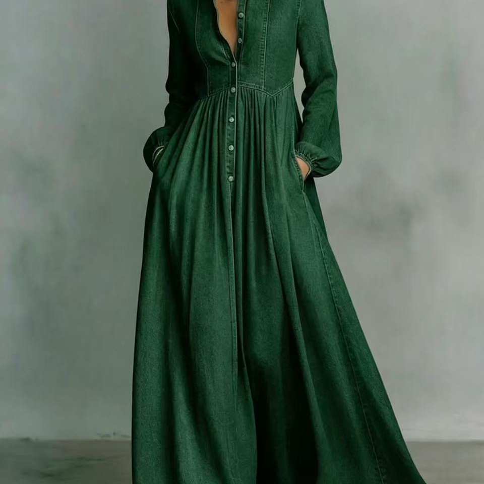 Women's Denim Maxi Dress with Asymmetric One-Shoulder and Flared Skirt