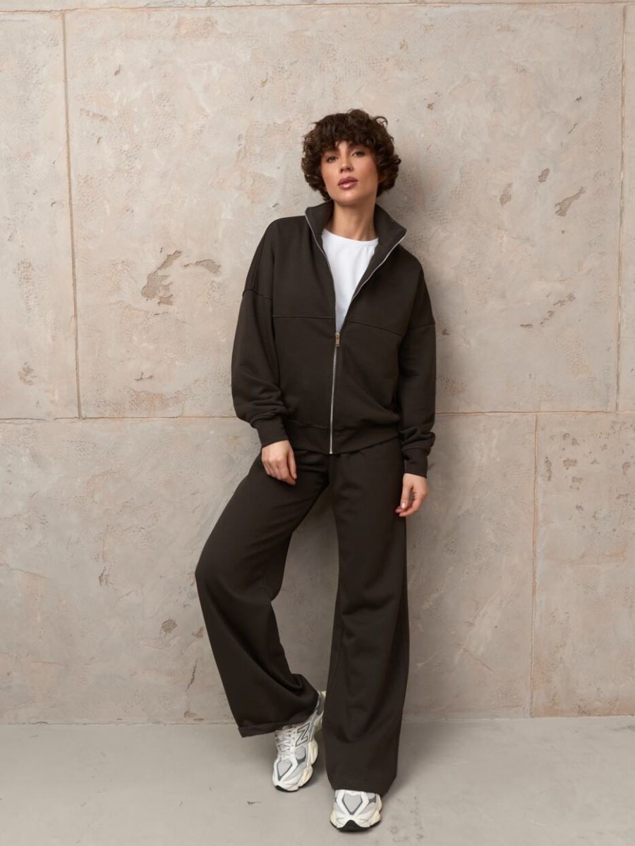 Stand Collar Zip Hoodie & Wide-Leg Sweatpants Set