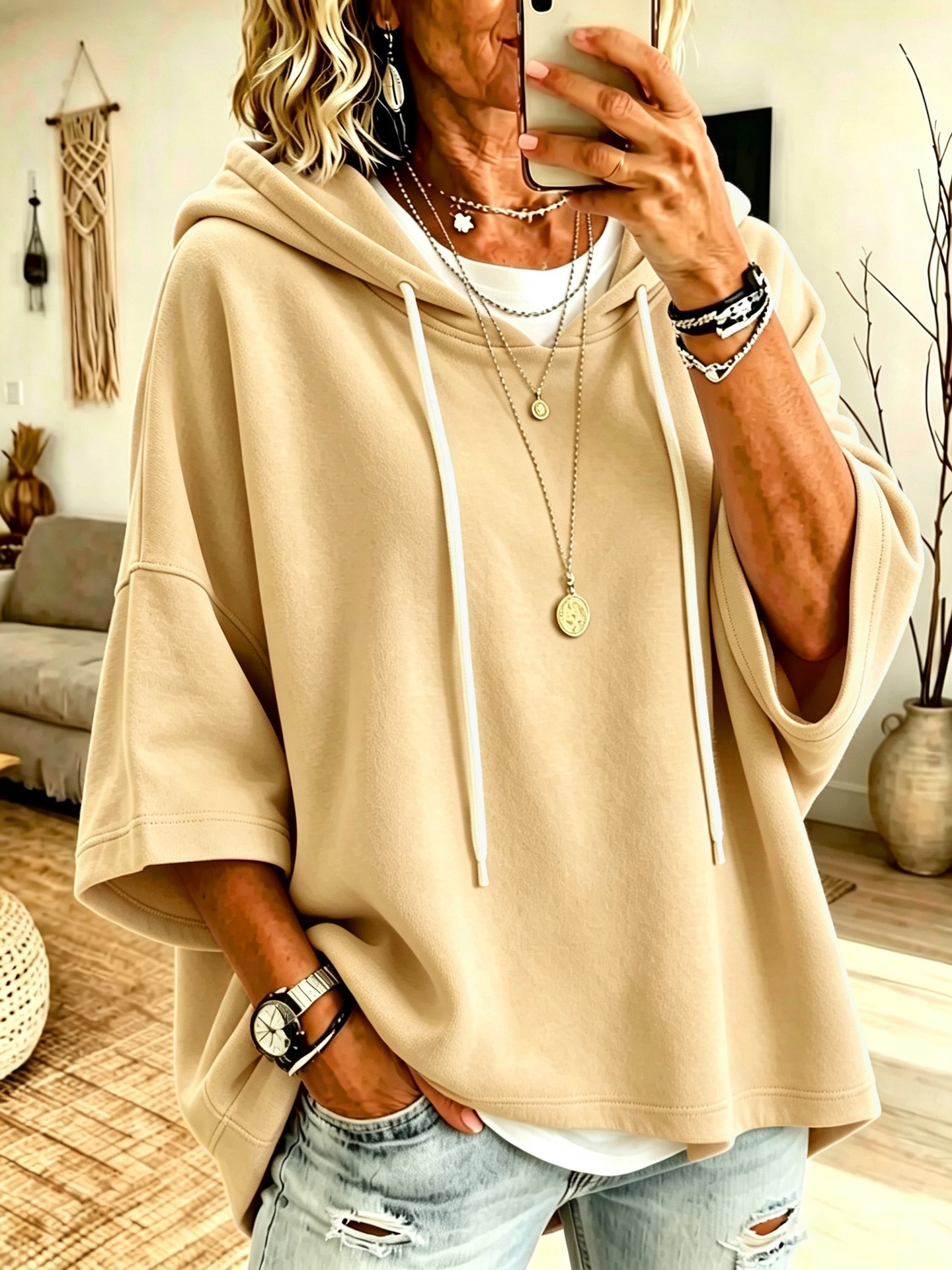 Women's 3/4 Sleeve Solid Hooded Sweatshirt Casual Pullover