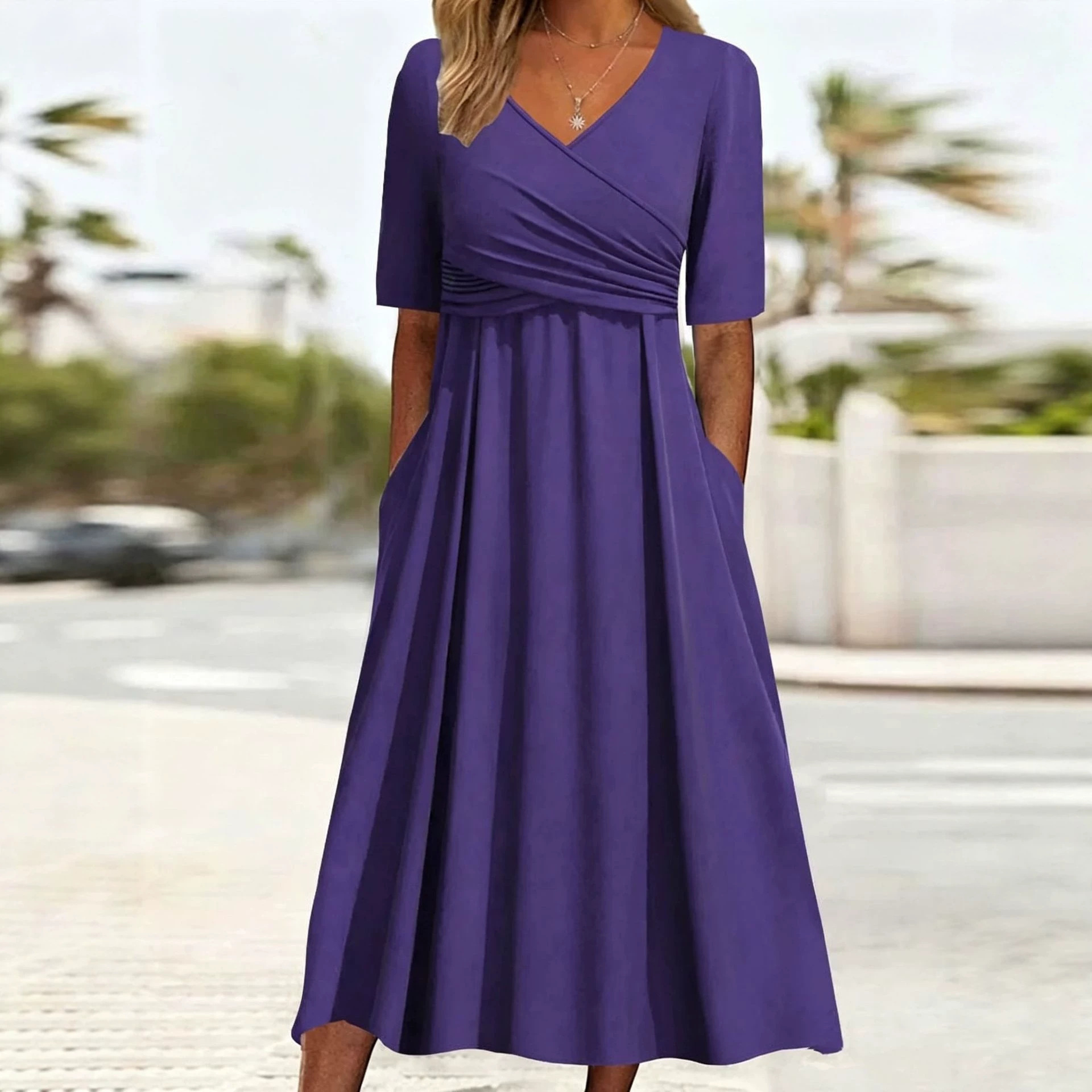 Women's Elegant Solid V-Neck Midi Sleeve Maxi Dress