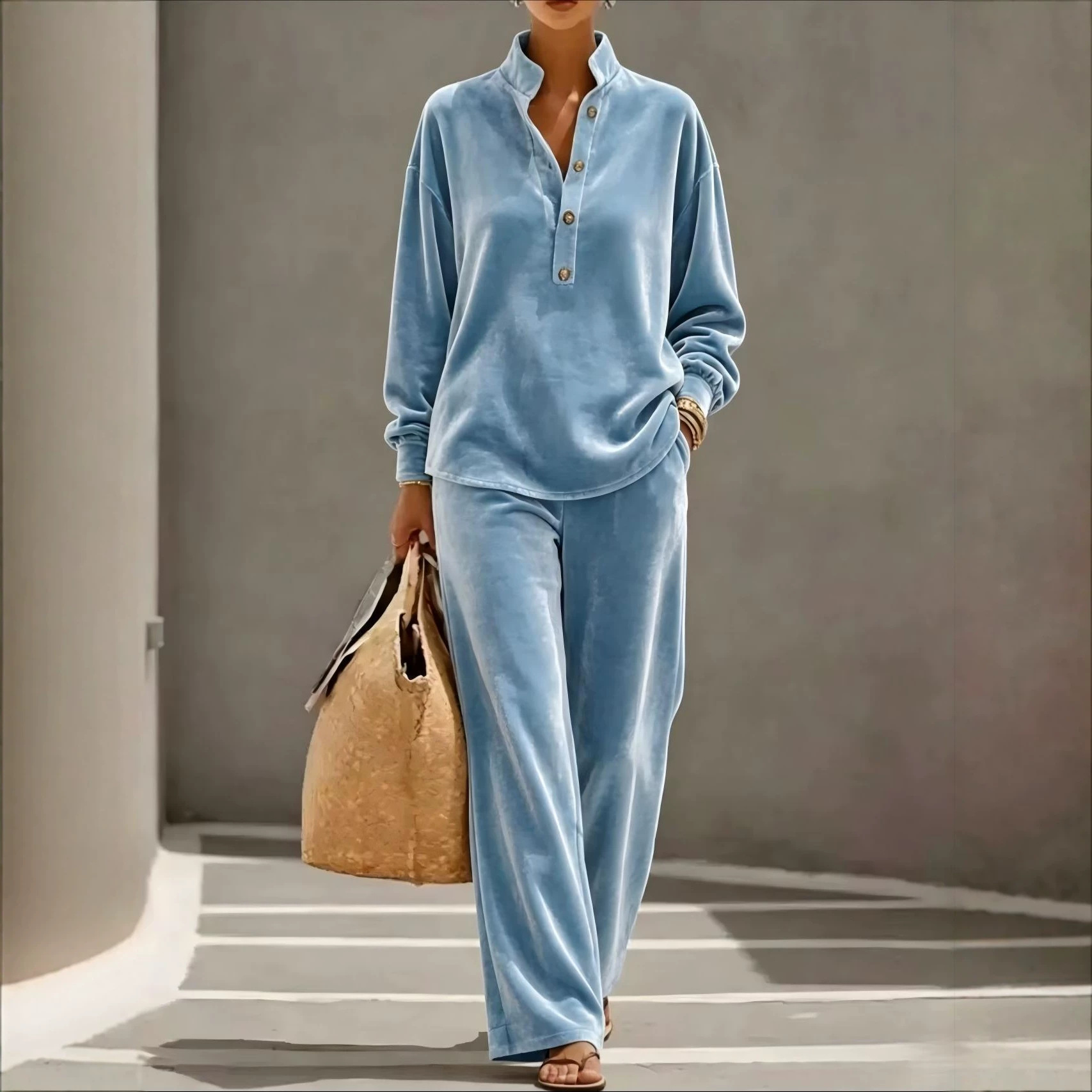 Women's Long Sleeve Button Two-Piece Pants Set Casual Solid Color