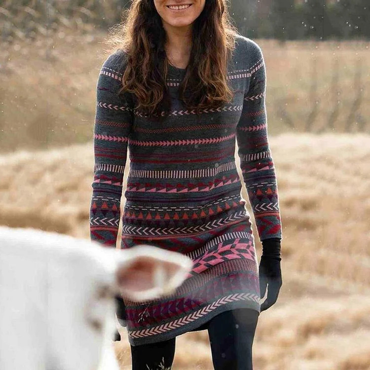 Icelandic Vintage Jacquard Knit Sweater Dress Long Sleeve Round Neck