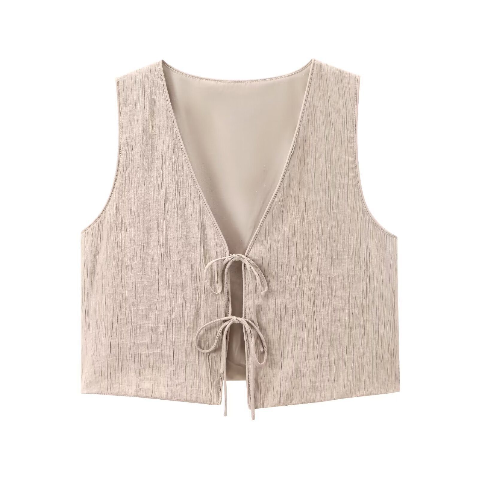 Women's Bow Textured Vest and Skirt Set Sleeveless Cotton Linen