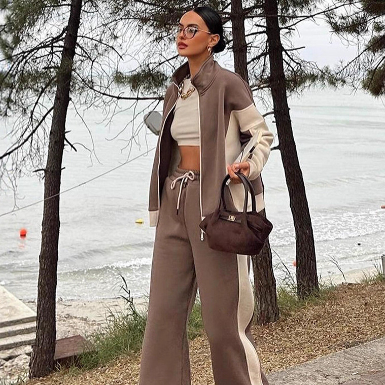 Women's Retro Color-Block Zip-Up Jacket and Pants Two-Piece Set