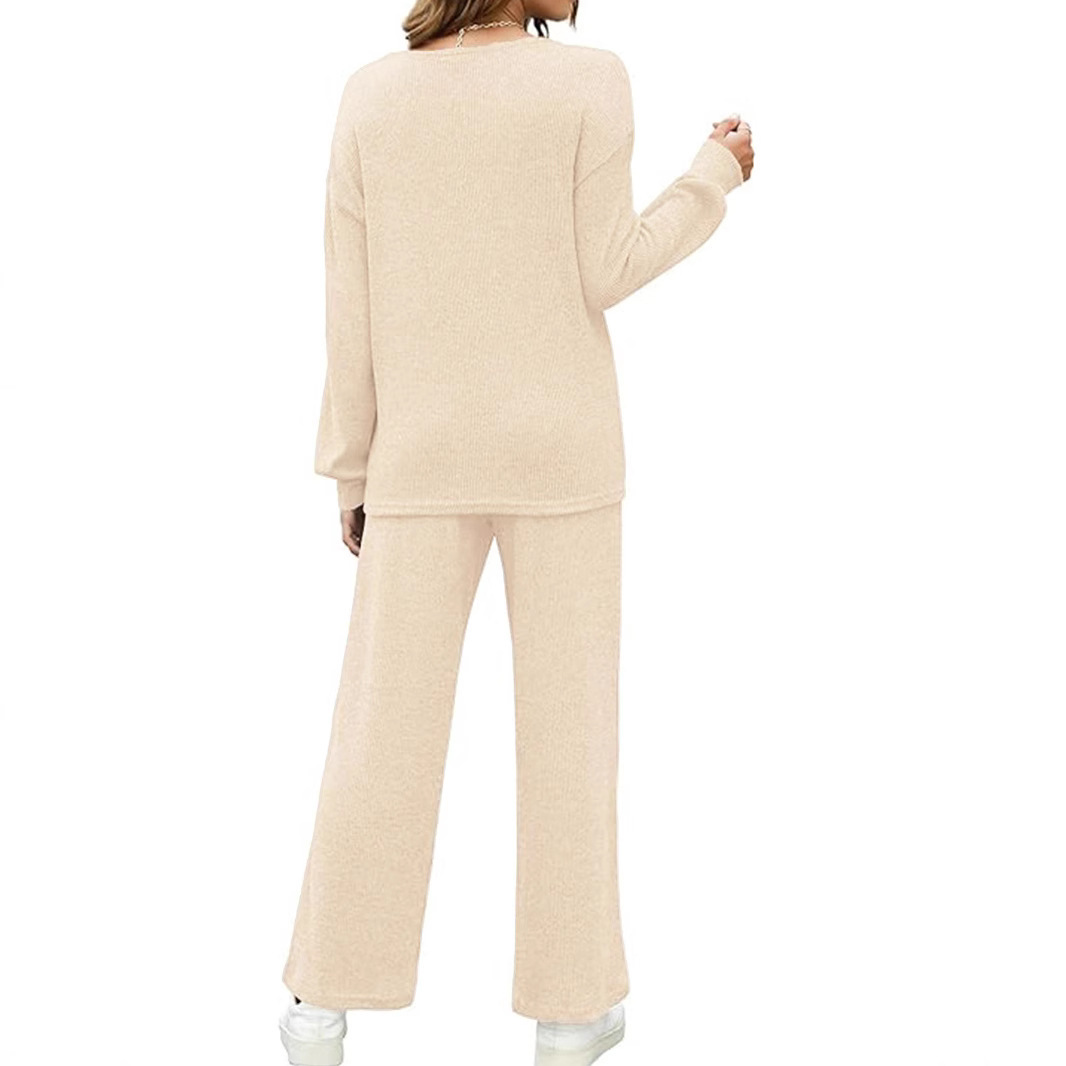 Minimalist Solid Knit Two-Piece Set: Crewneck Drop-Shoulder Long-Sleeve Top + High-Waist Wide-Leg Pants