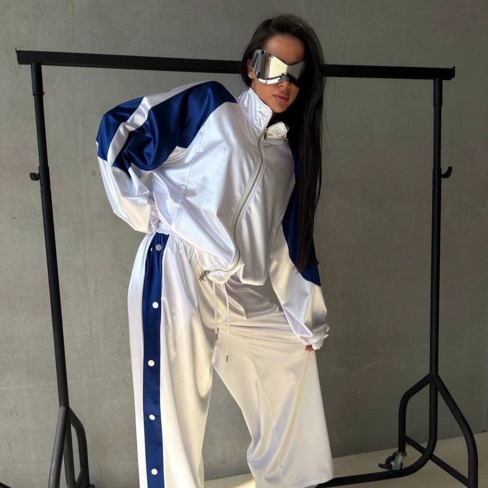 Women's Glossy Satin Tracksuit Set Stand Collar Zip Colorblock Raglan Sleeve Jacket Side Button Pants