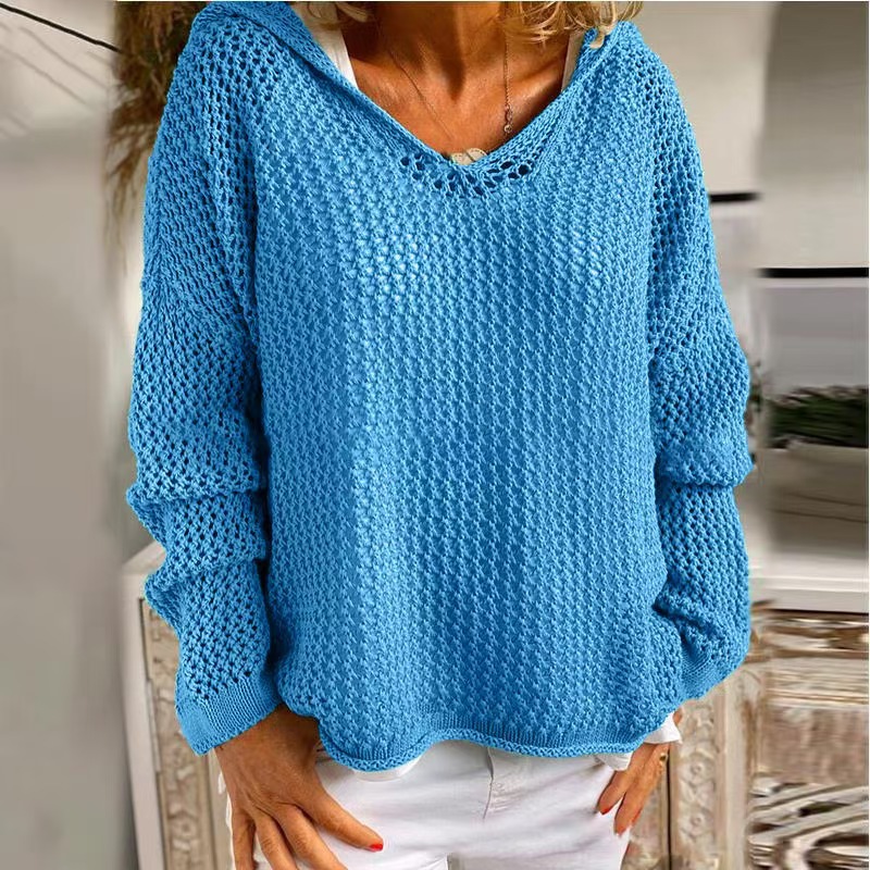 Hooded Knit Sun Protection Top Lightweight Loose Pullover