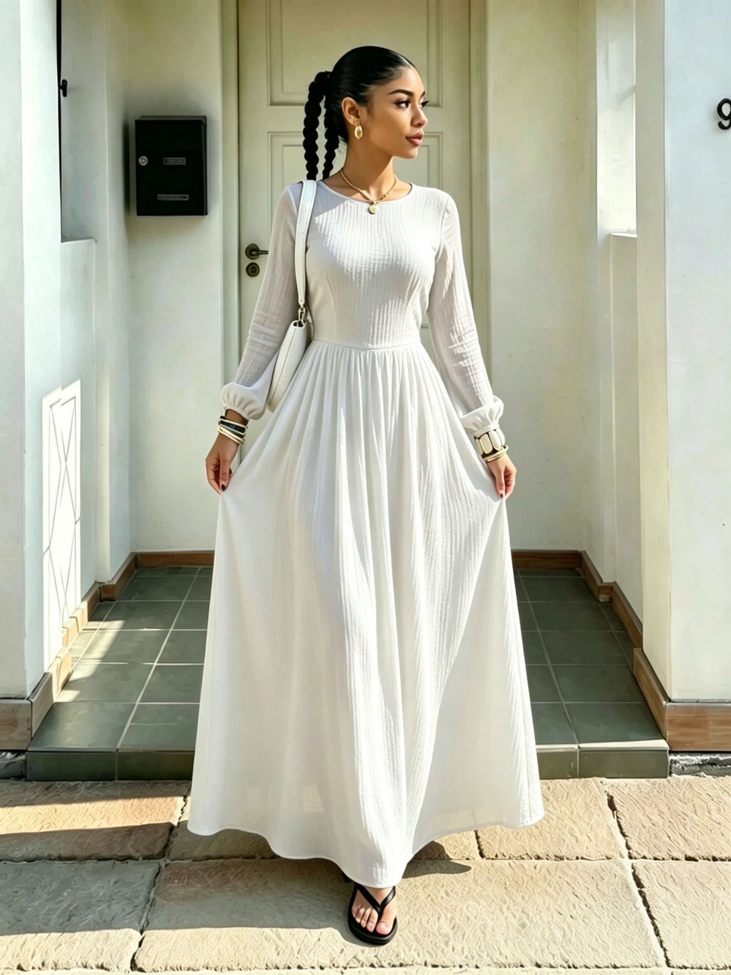 French-Style Fitted A-Line Long-Sleeve Dress with Round Neck and Cinched Waist