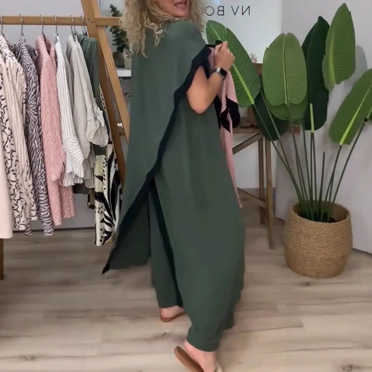 Color-Block Loose Long Dress Set with Pants, Green