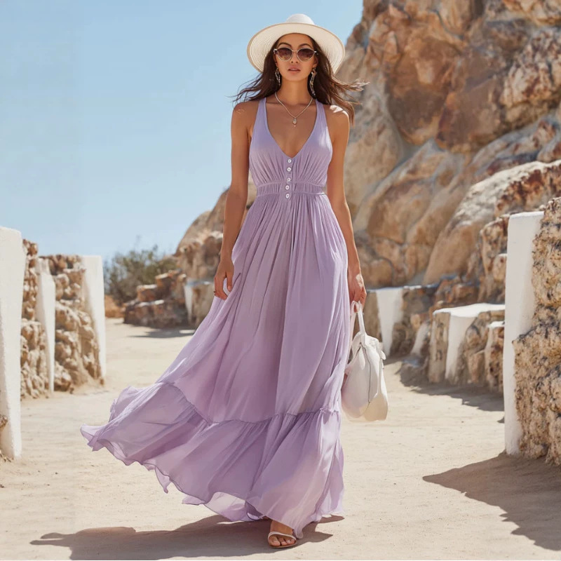 Light Purple Chiffon Sleeveless Pleated Maxi Dress