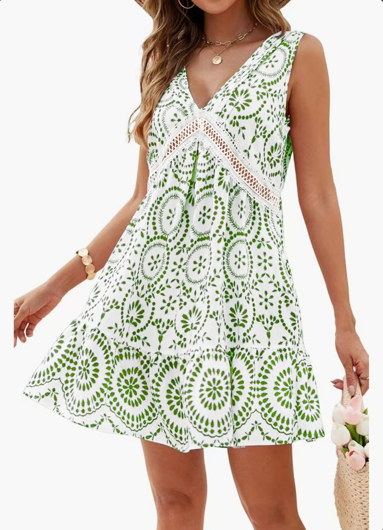 Floral Print Cutout Lace V-Neck Sleeveless Dress