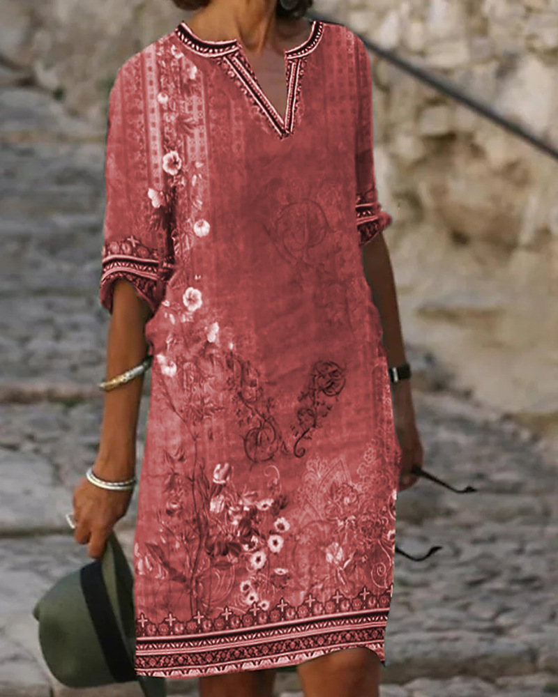 Bohemian Floral Print V-Neck Short Sleeve Midi Dress