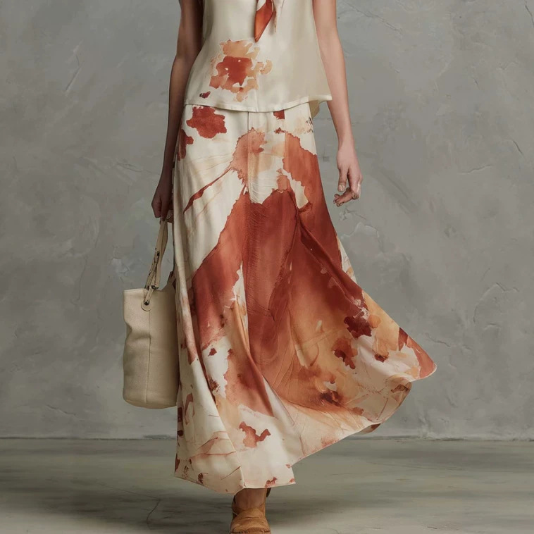 V-Neck Watercolor Print Satin Long Skirt Set