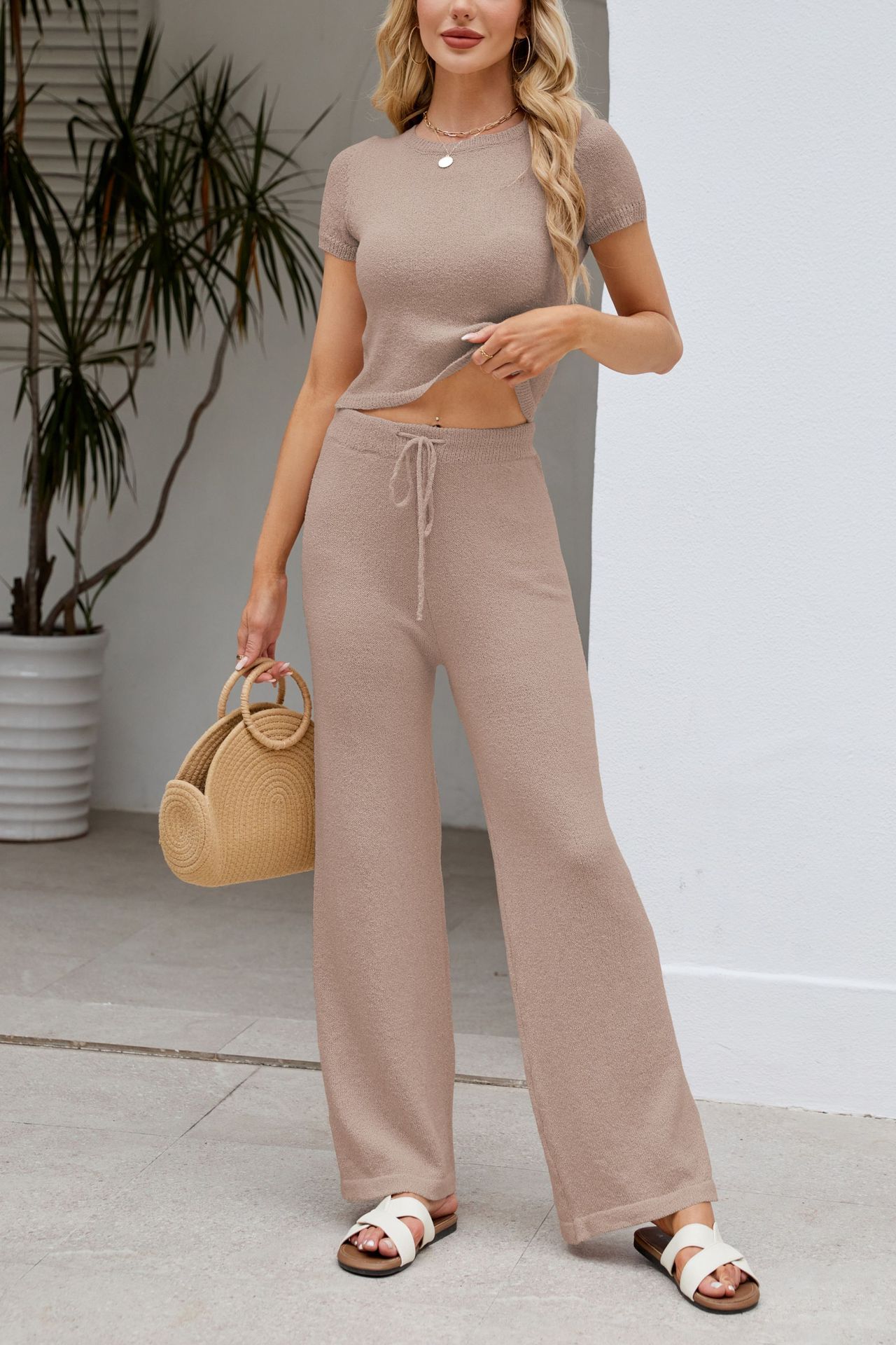 Women's Solid Knit Short Sleeve Top and Pants Set