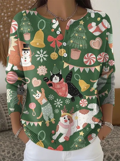 Women's Christmas Animal Lantern Print Button Sweatshirt