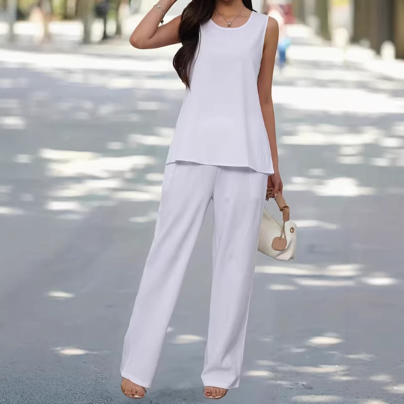 Women's Solid Sleeveless Top and High-Waist Long Pants Two-Piece Set