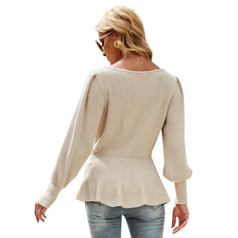 Women's Waist-Fitted Lantern Sleeve Knit Top Solid Color Sweater