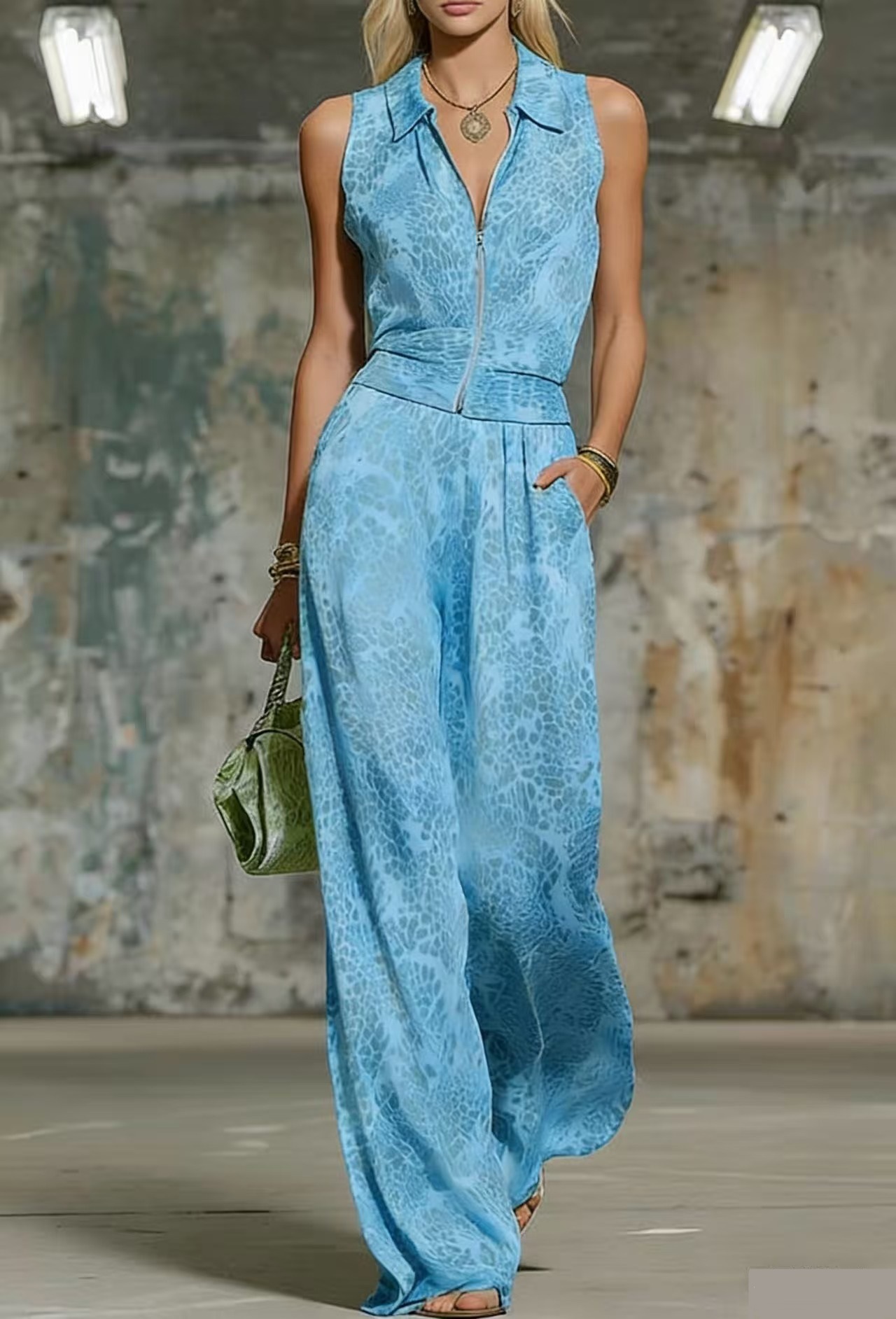 Retro Elegant Leopard Print Lapel Sleeveless Chiffon Top and Wide-Leg Pants Set