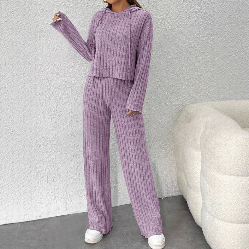 Women's Casual Knit Hoodie and Straight-Leg Pants Two-Piece Set