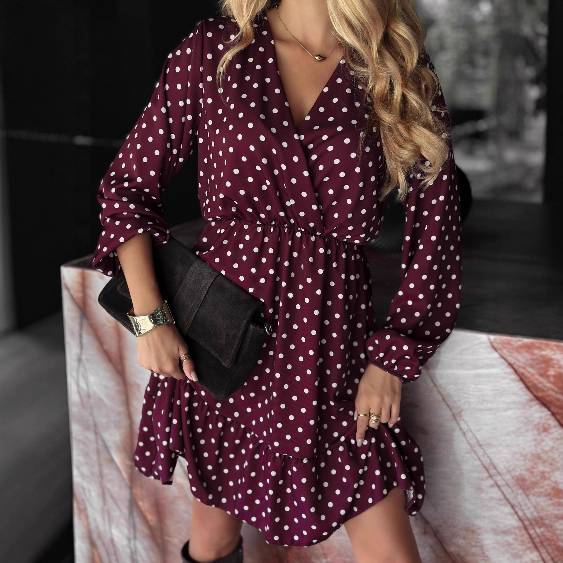 Women's Sweet Polka Dot V-Neck Long Sleeve Elastic Waist Midi Dress