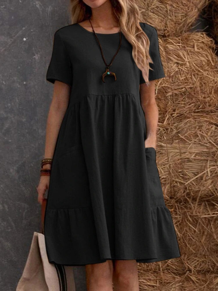 Women's Vintage Loose Solid Crewneck Cotton Dress with Pockets
